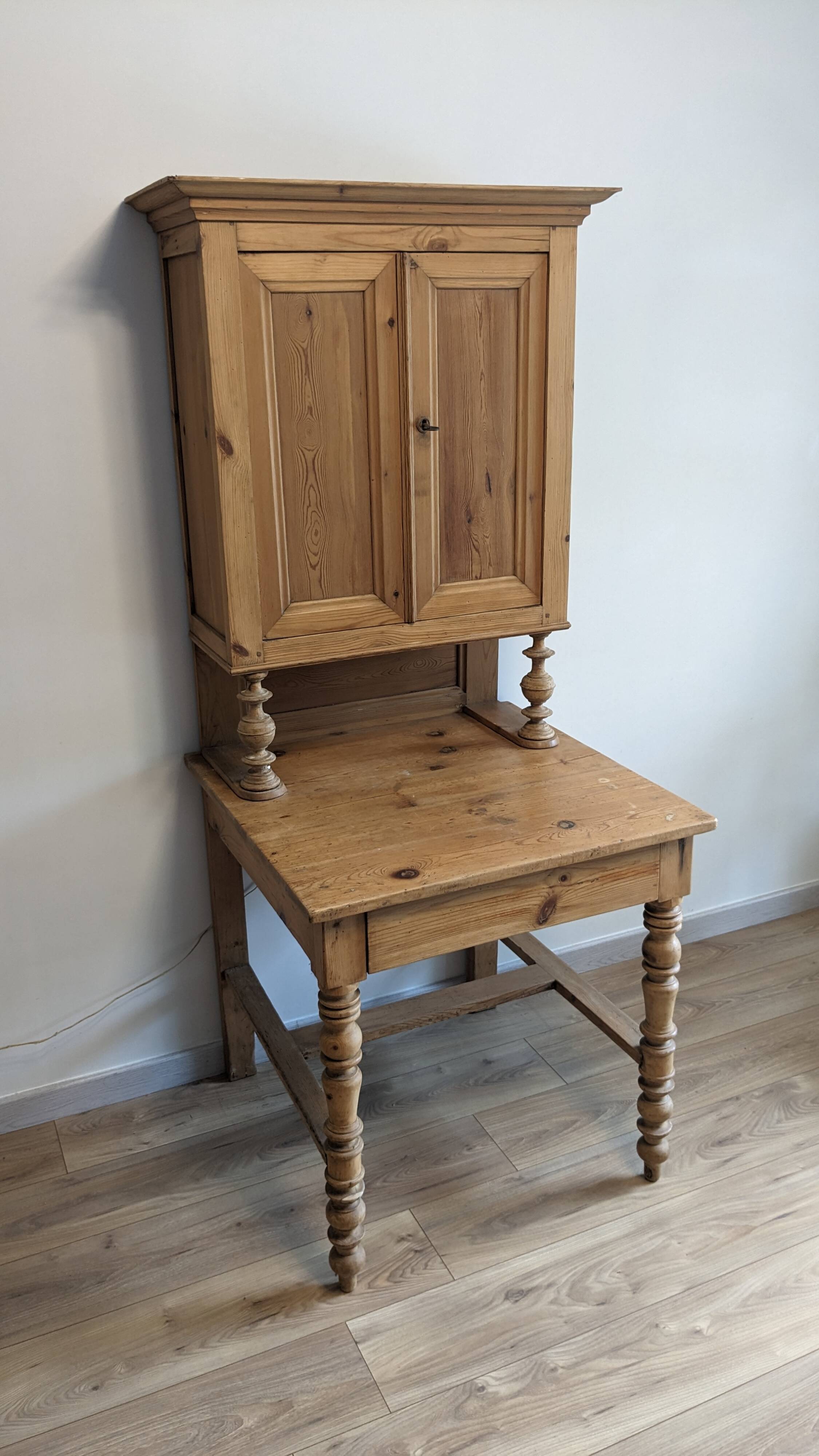Former campaign secretary's desk in solid pine with a high cupboard.