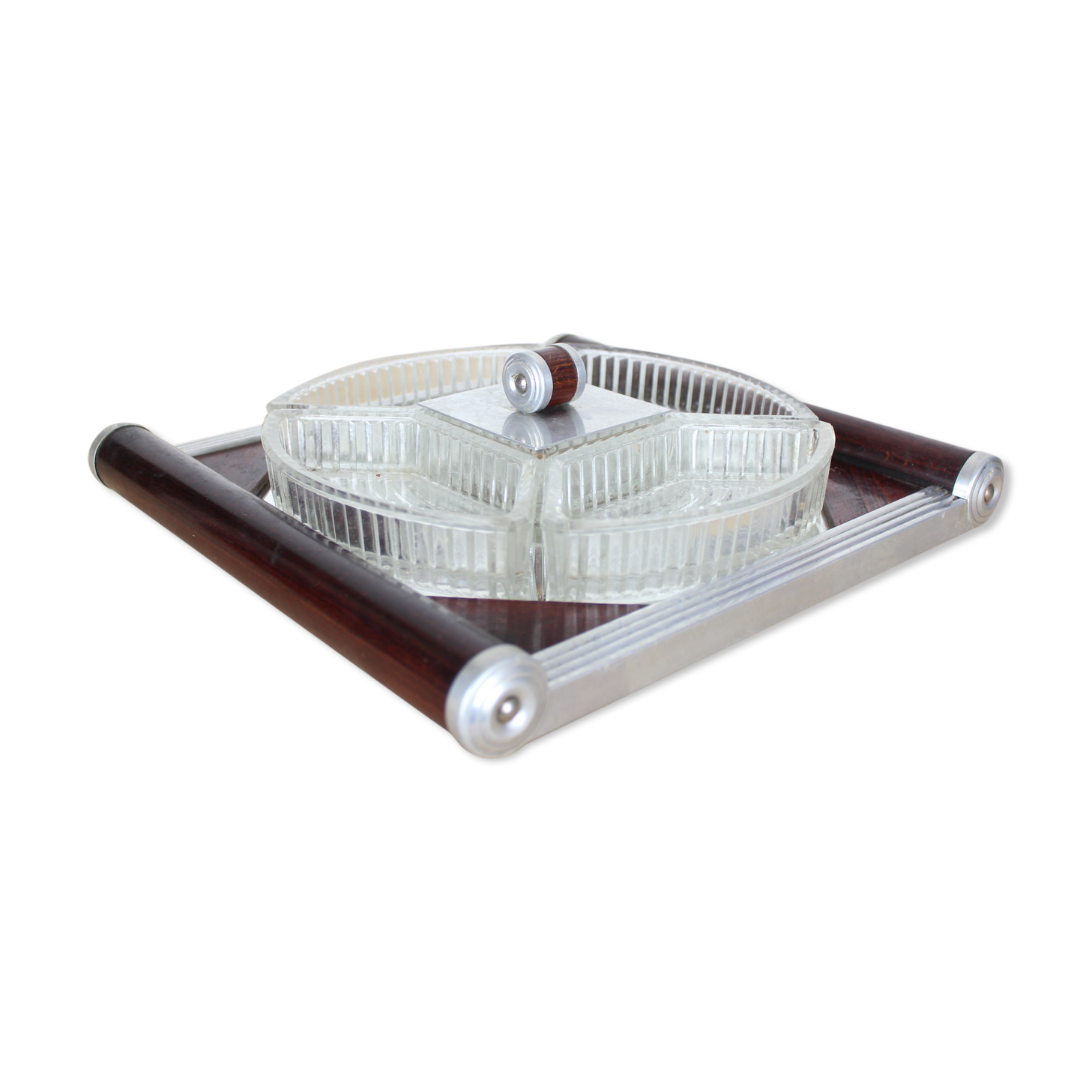 Mirror tray serving aperitif, wood and glass, art deco style