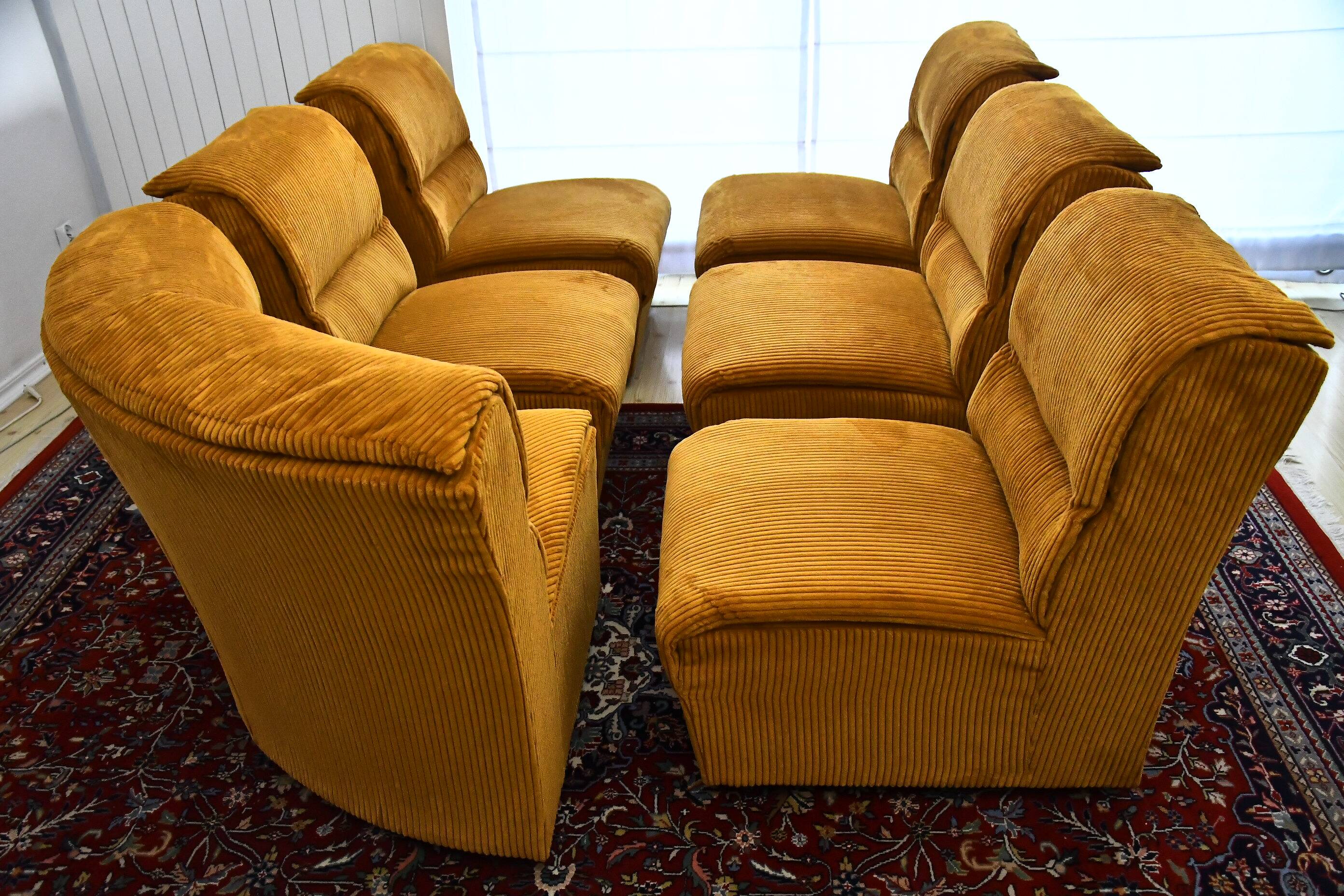 Canapé modulaire en velours côtelé jaune, années 1970, ensemble de 6