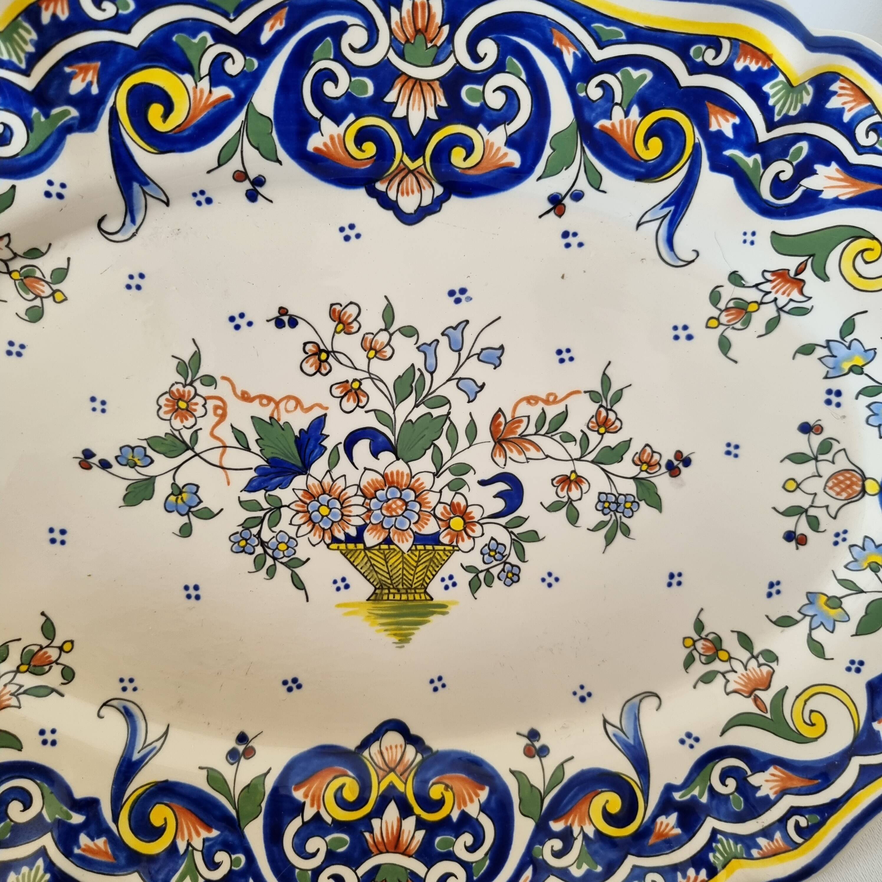 Vintage Rouen porcelain soup tureen with underplate, hand-painted