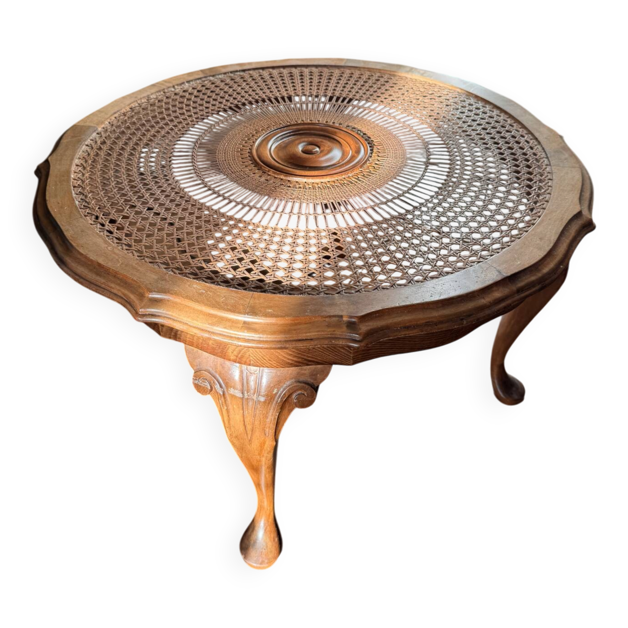 Round coffee table in Louis XV style, with sun cane and glass top.
