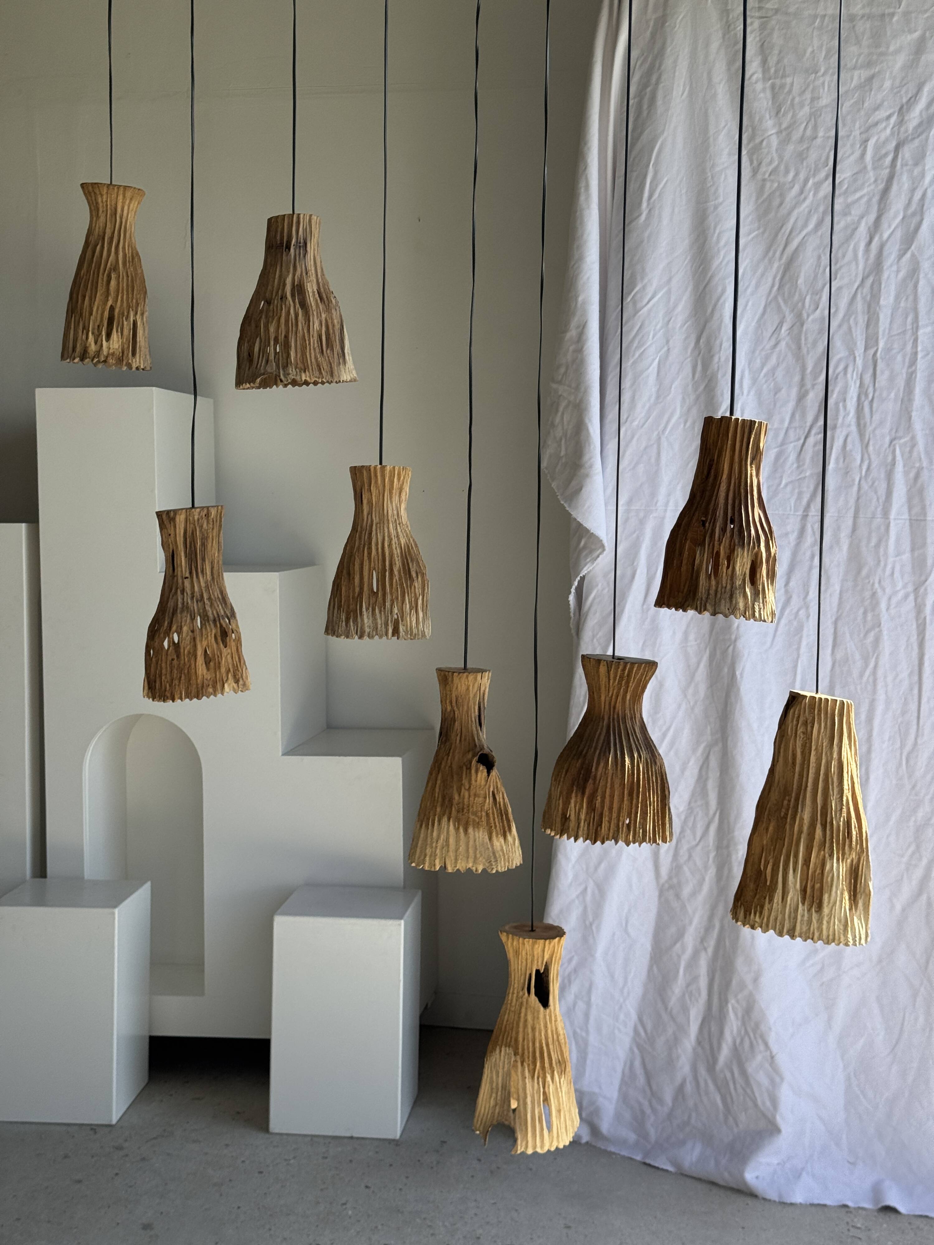 Suspension or lampshade in natural organic teak, tubular, H30 D22.