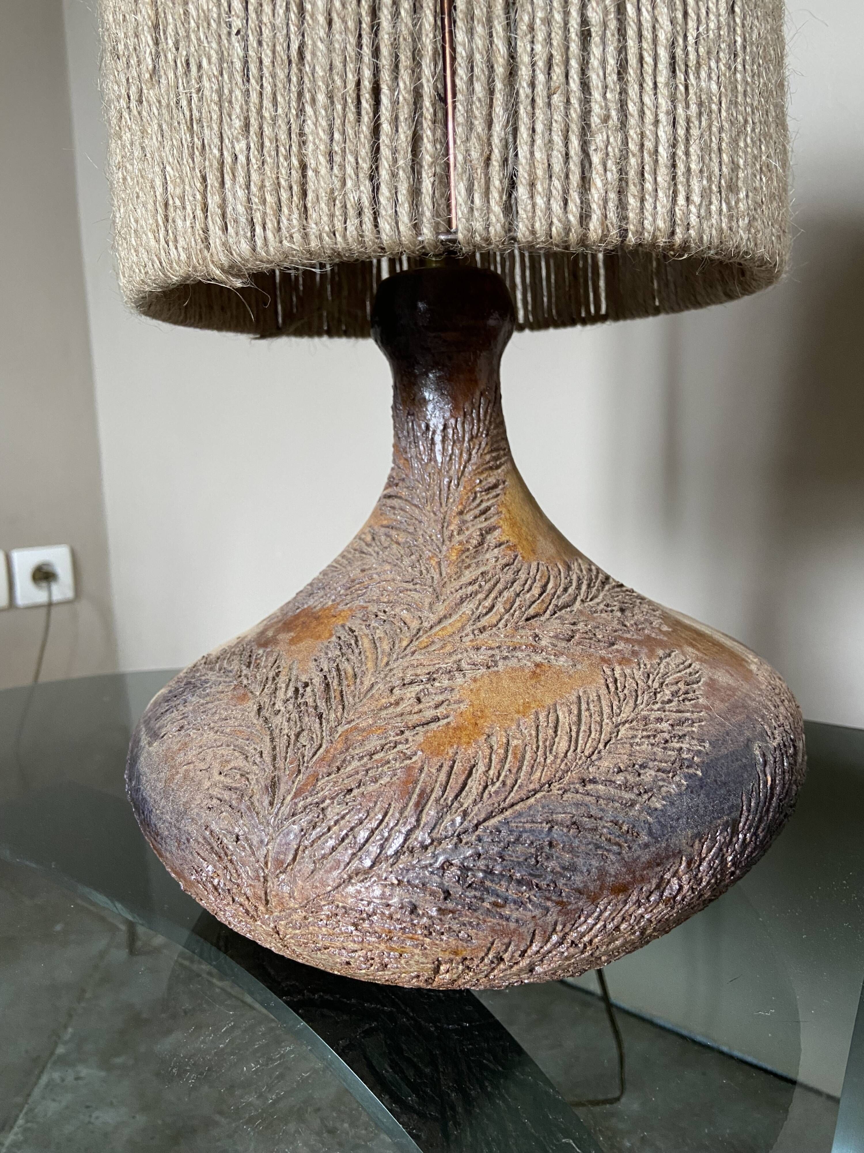 Pair of vintage Vallauris scarified seagrass stoneware lamps and rope lampshade
