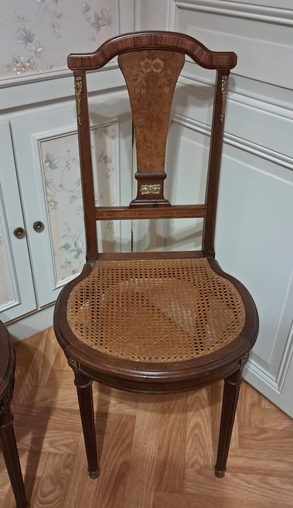 Paire de chaises 1900 en acajou et loupe de noyer marqueté.