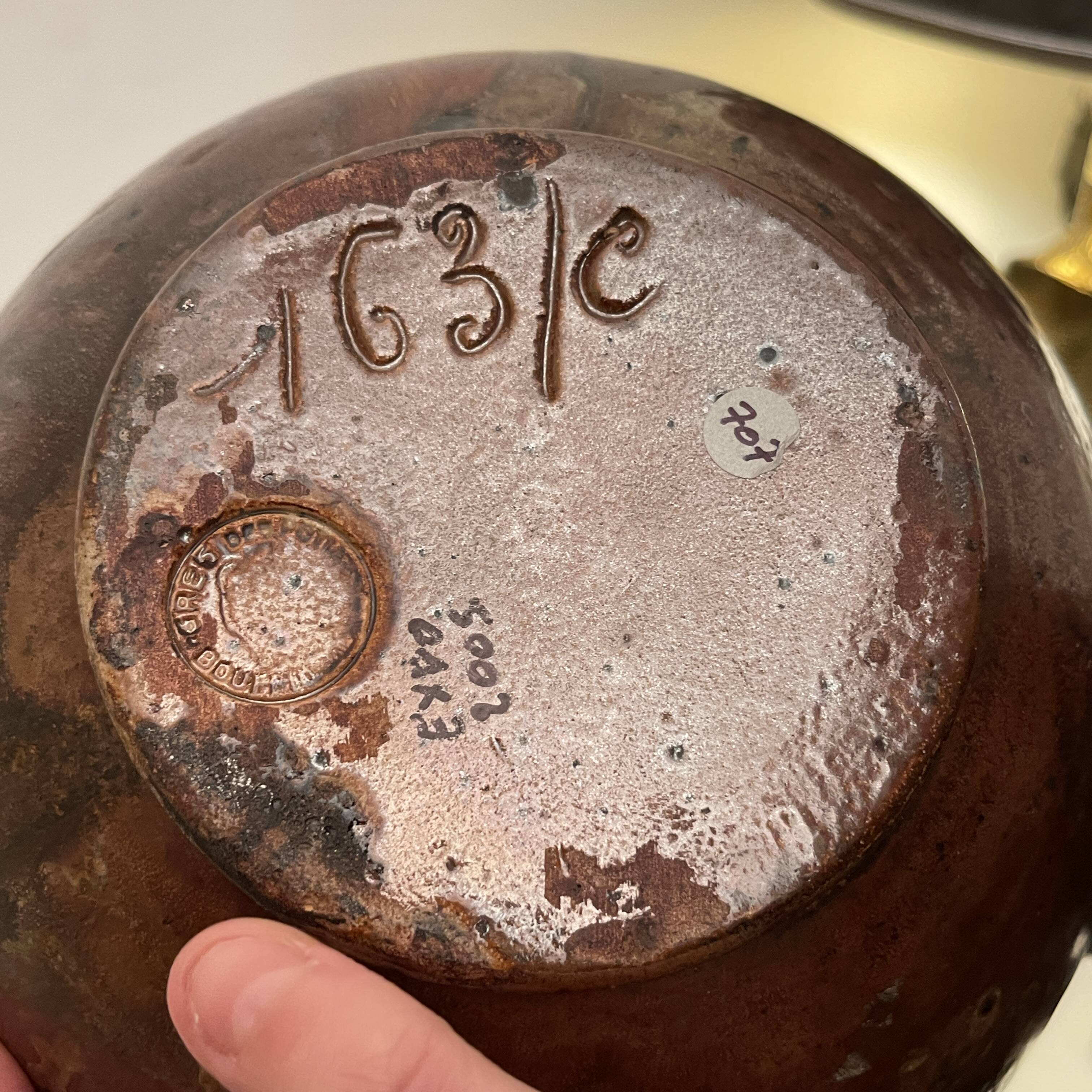 art nouveau brown 'colocynth' vase with three handles, roger guerin