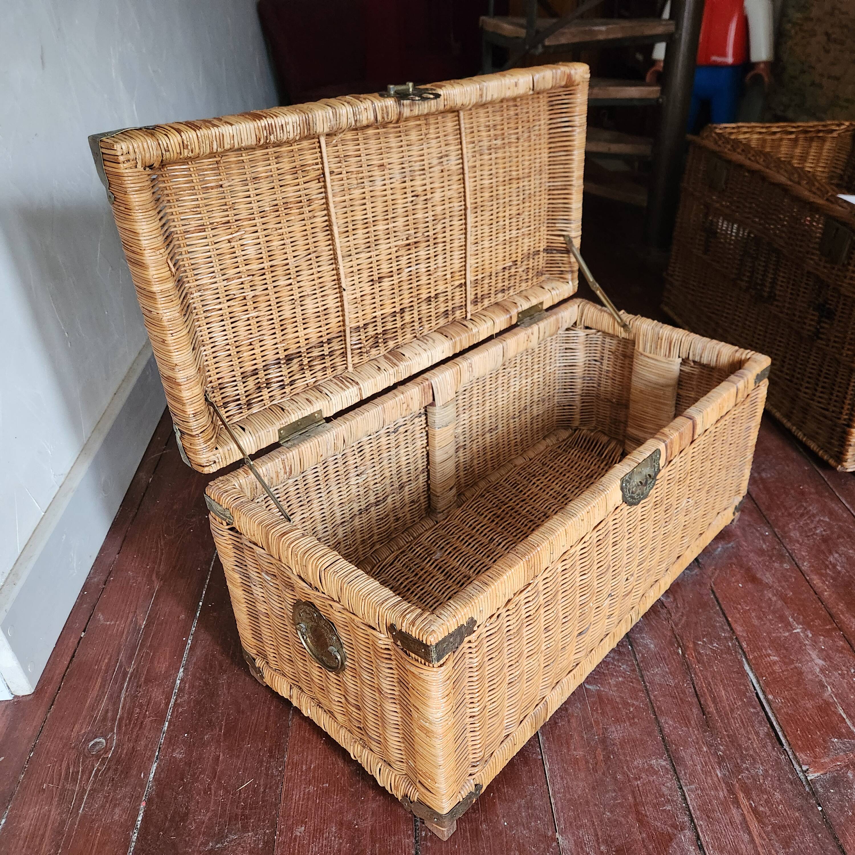 Antique vintage wicker trunk with brass fittings
