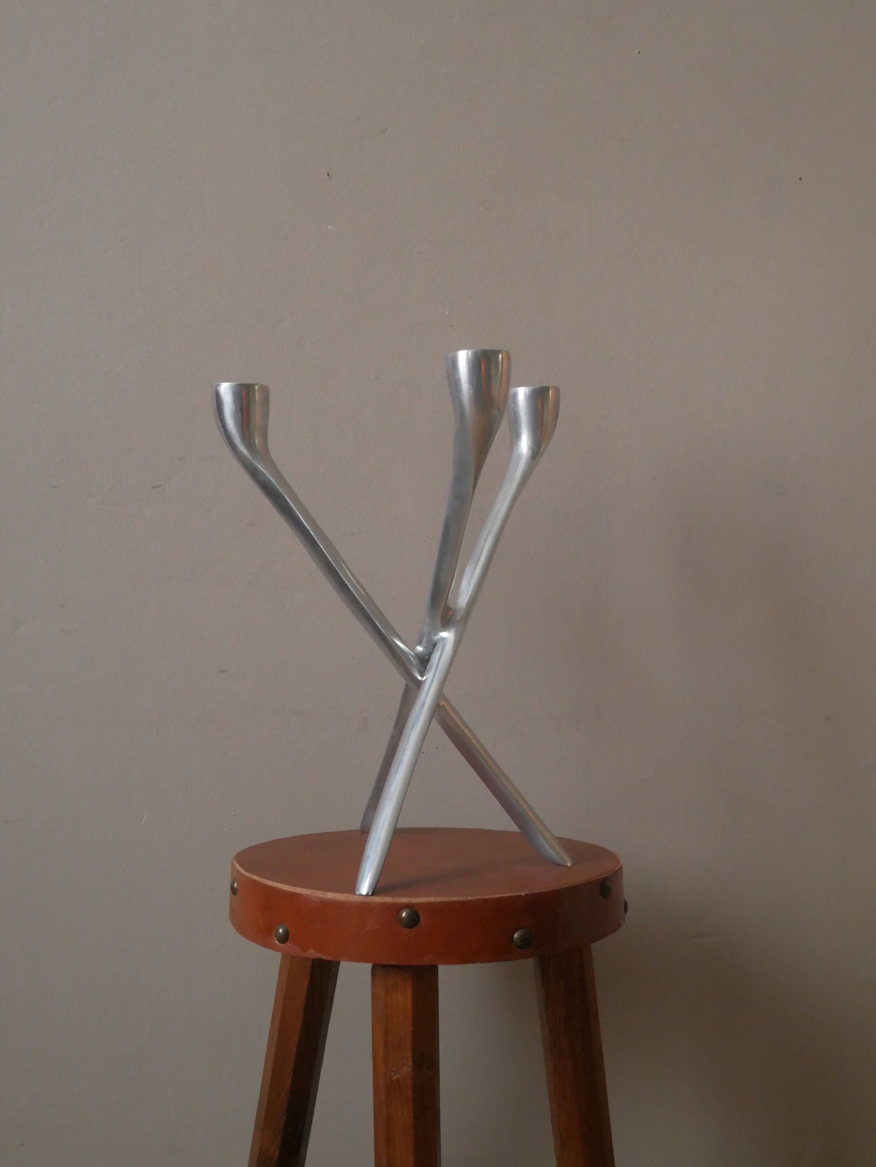 Aluminum candle holder tripod chrome vintage 70s candelabra candlestick Scandinavian design