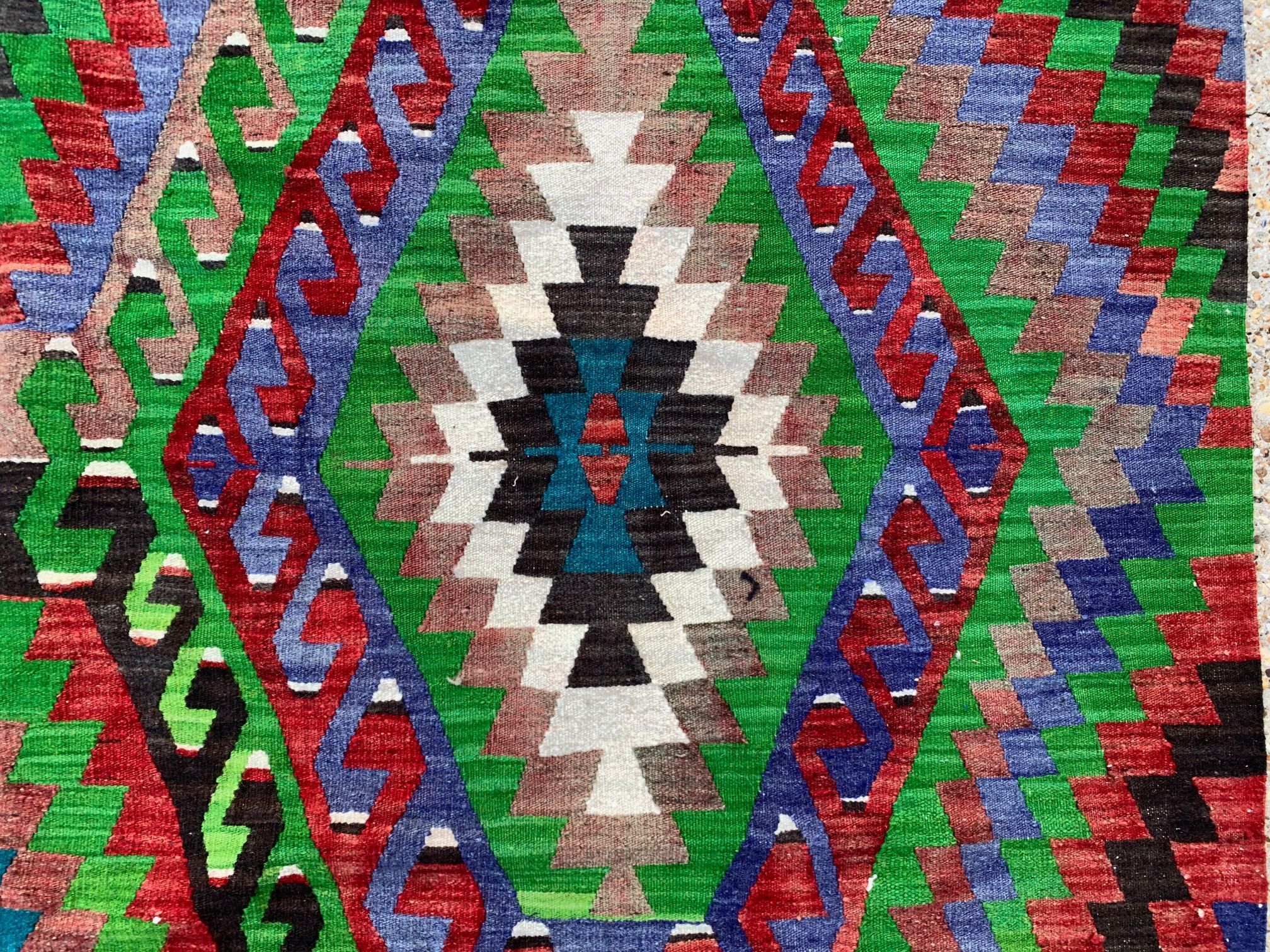 Vintage Turkish Kilim 340x183 cm wool kelim rug Large Purple, Green, Black, Blue