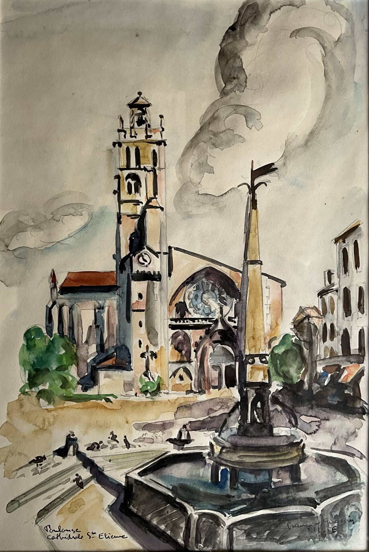 Watercolour by Françoise Grassin – Toulouse, Saint-Etienne Cathedral