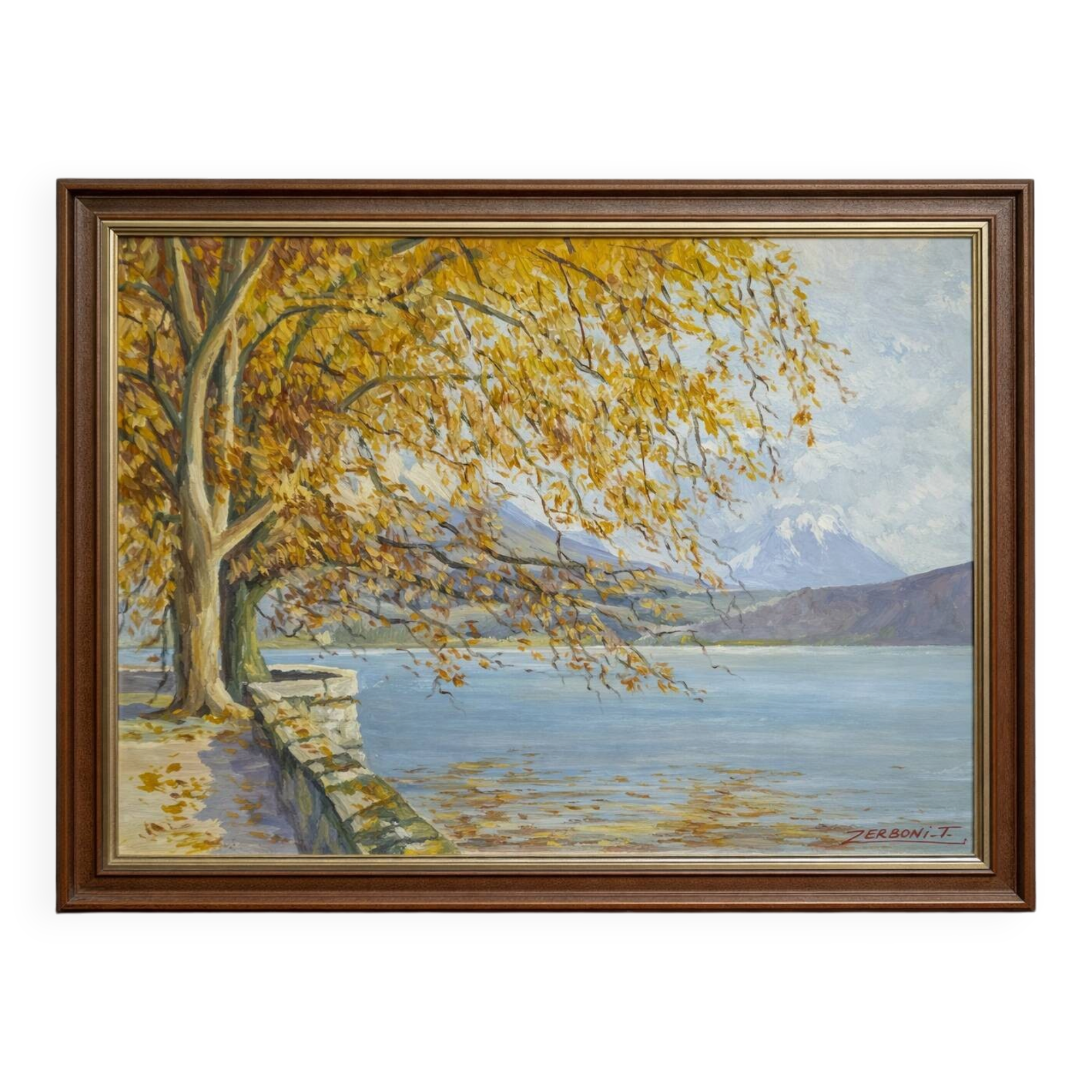F. Zerboni – Animated Lakeside Landscape – Oil on Panel – Mid 20th Century