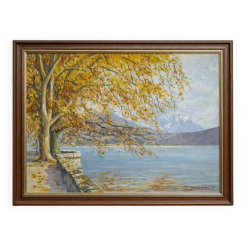 F. Zerboni – Animated Lakeside Landscape – Oil on Panel – Mid 20th Century