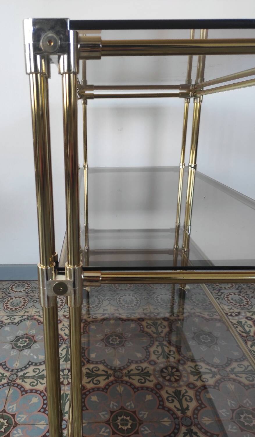 Dessert, vintage gold rolling bar, chrome and smoked glass.