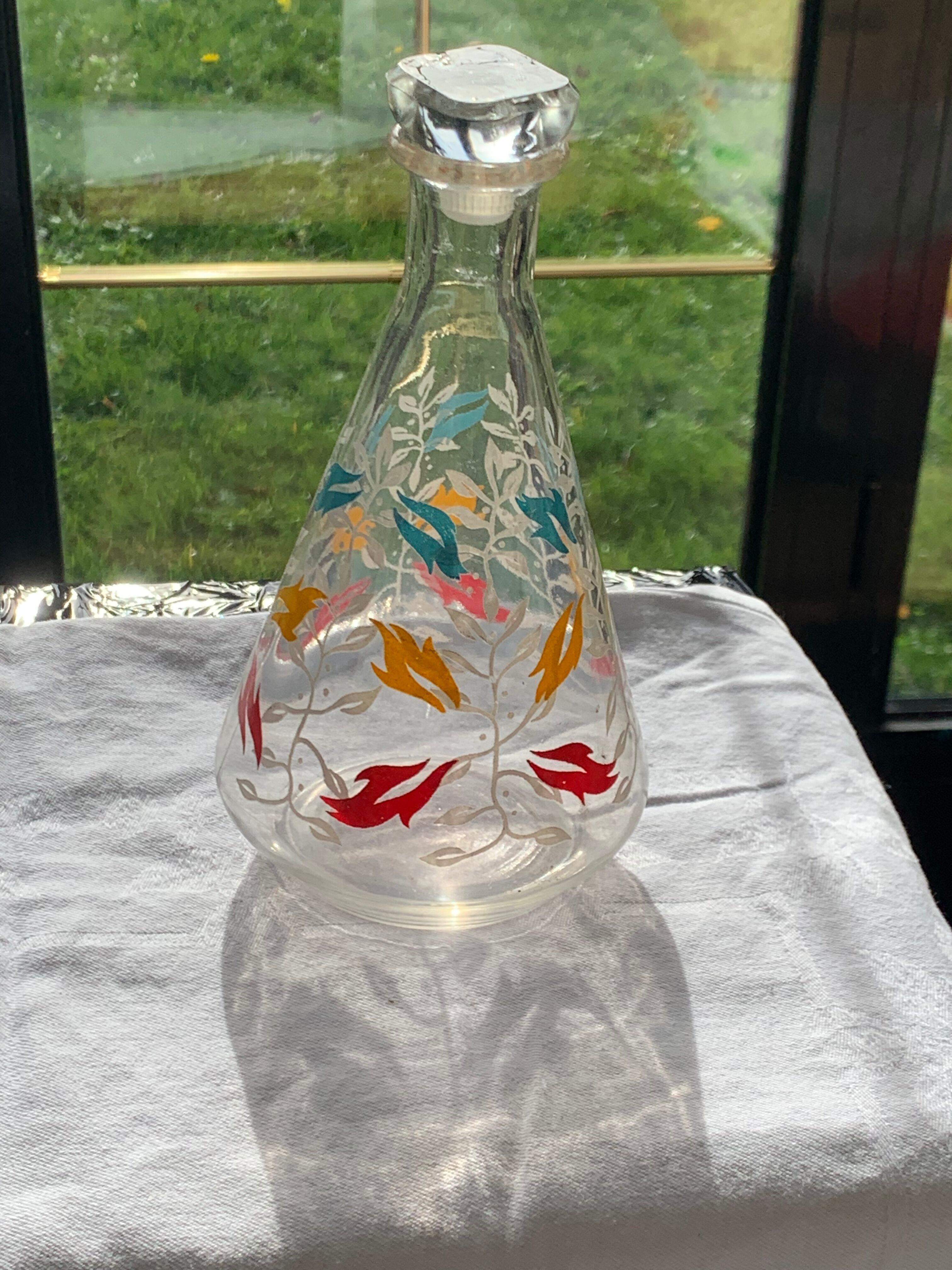 Carafe and 4 glasses with design and vintage patterns 1950/60
