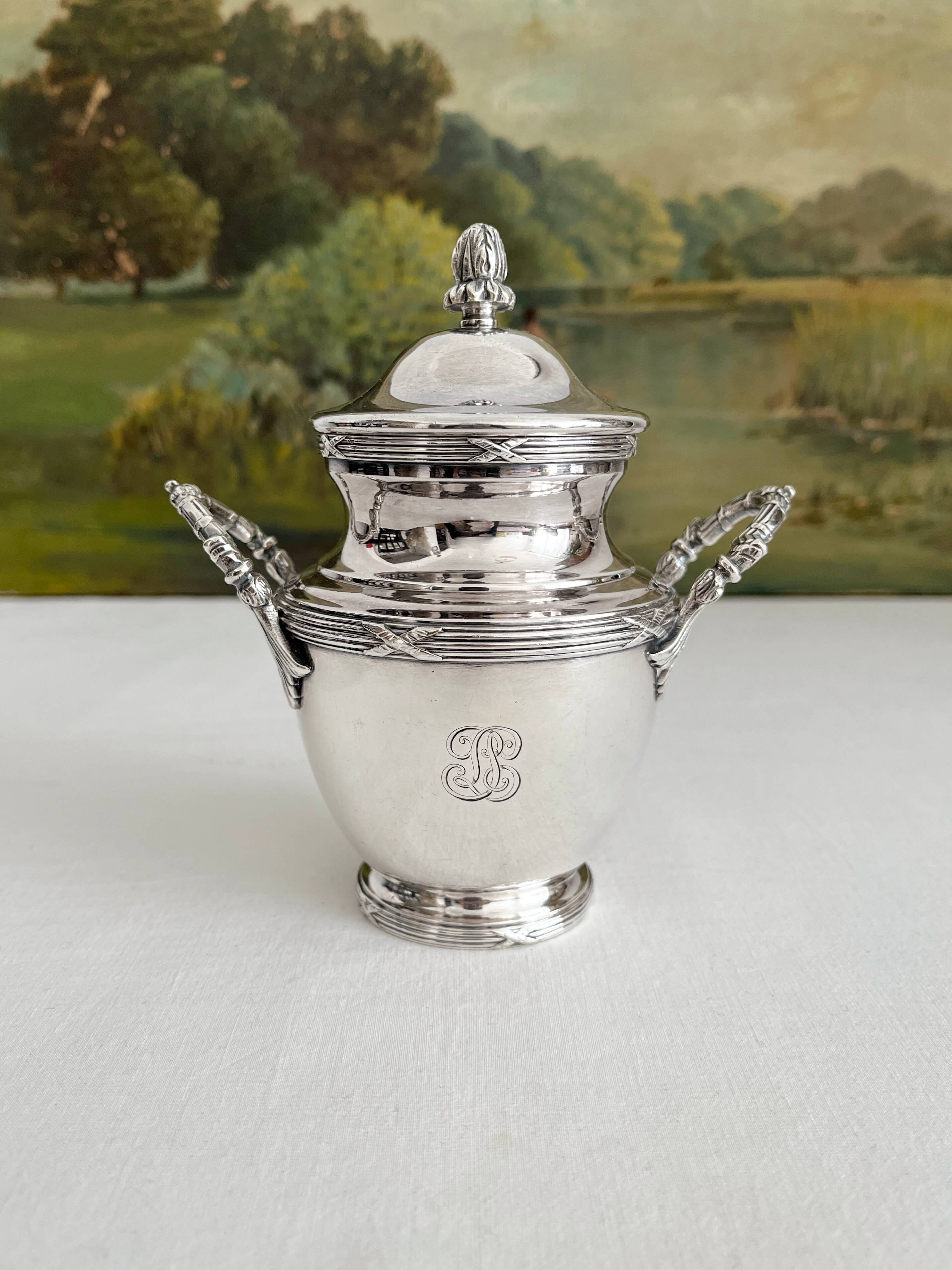 Antique monogrammed silver-plated metal sugar bowl