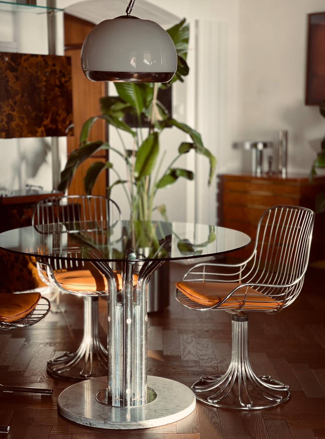 Dining table glass chrome and marble 1970s Italian vintage design