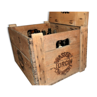 Caisse bois fin 19ème brasserie jorcin chambéry casiers avec 18 bouteilles anciennes