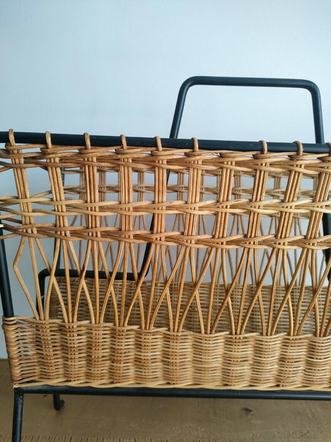 Iron and Rattan Magazine Rack - 1960s - Vintage