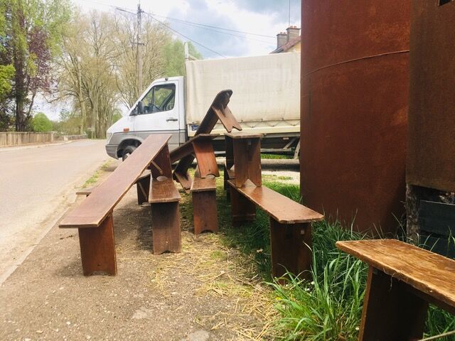 lot of 10 '30s bistro benches in pretty pattine fir