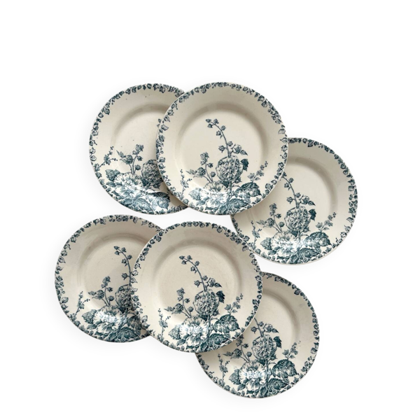 6 assiettes plates en terre de fer «Rose trémière» Gien