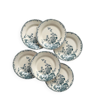 6 assiettes plates en terre de fer «Rose trémière» Gien