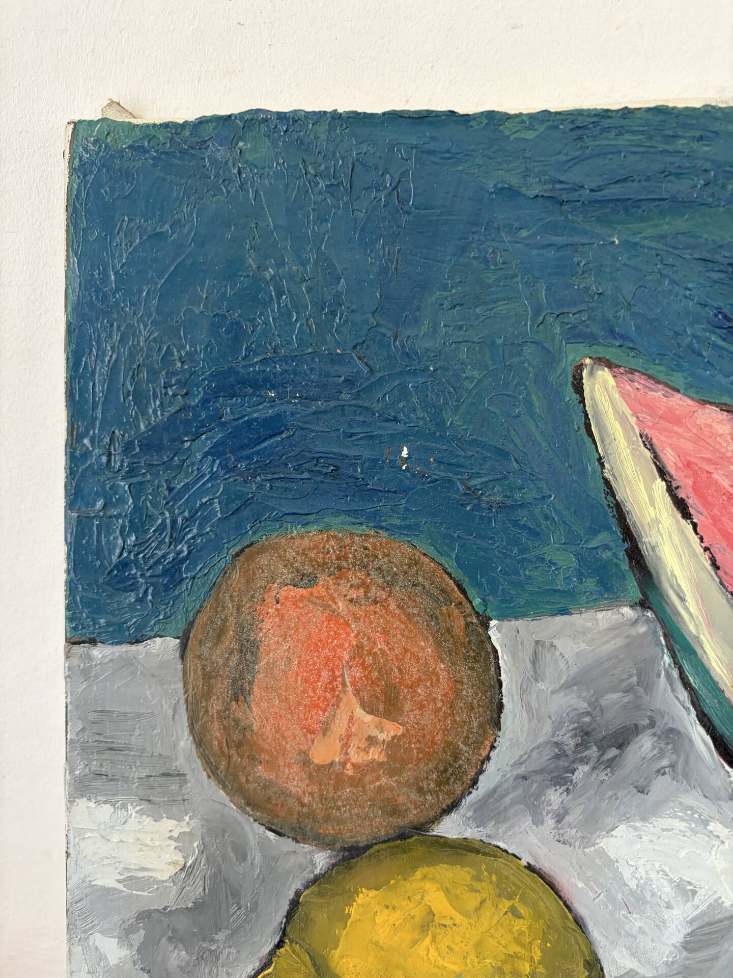 Still life, watermelon and clown, oil on canvas signed 1988