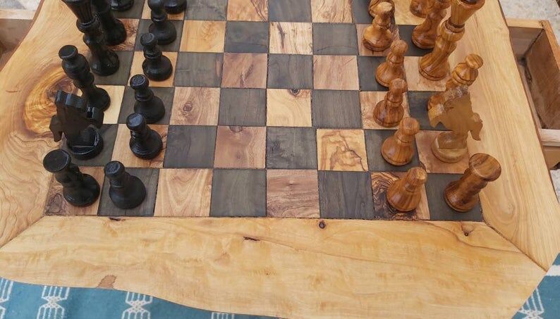 Rustic chess table in olive wood chess game 17.7 "with 32 pieces of craft chess