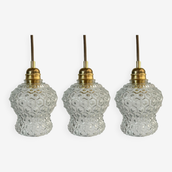 Set of three vintage pendant lamps in chiseled glass
