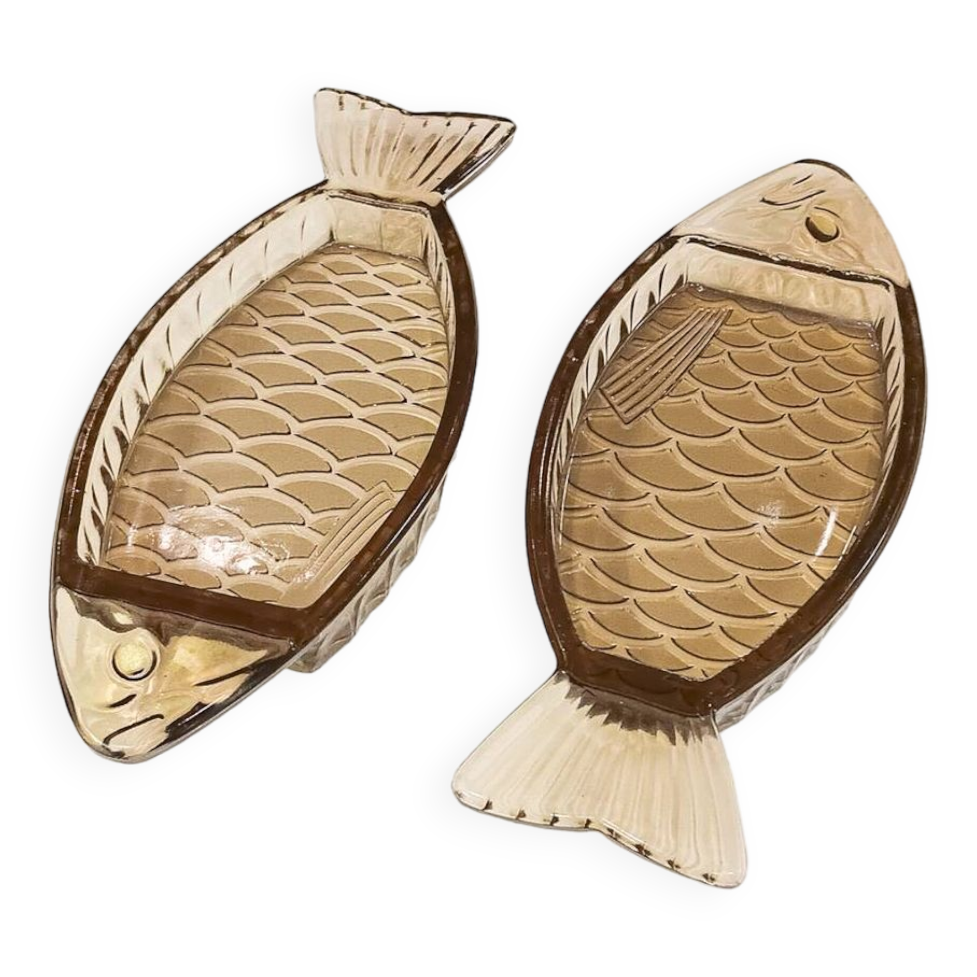 Set of 2 transparent smoked glass bowls in the shape of a fish.