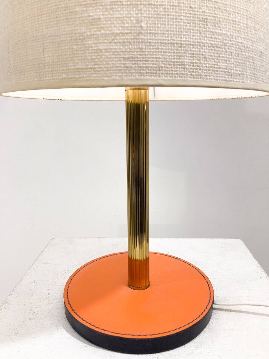 Mid-century modern leather and brass table lamp