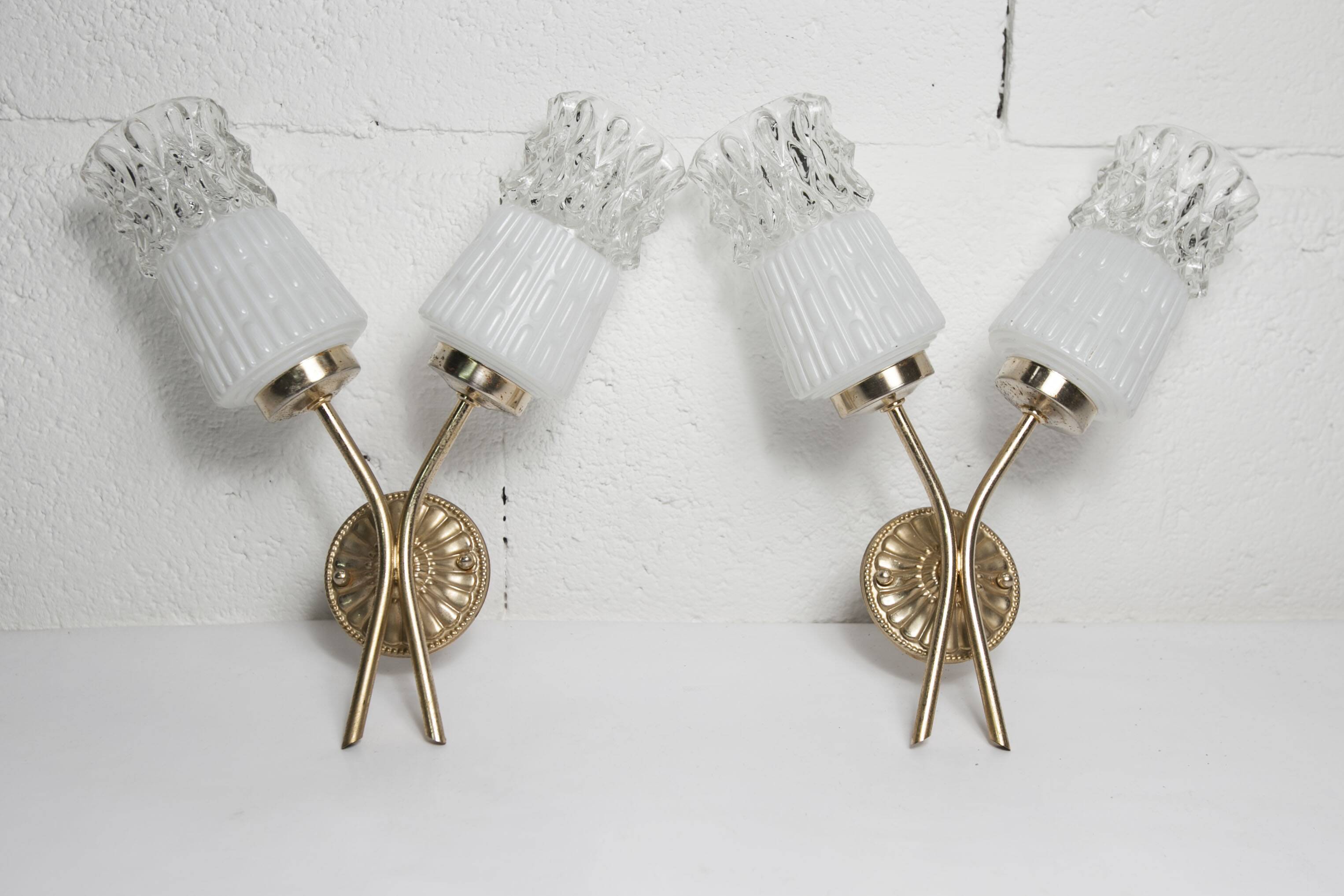 Pair of brass and glass wall lights 1960