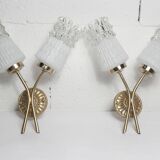 Pair of brass and glass wall lights 1960