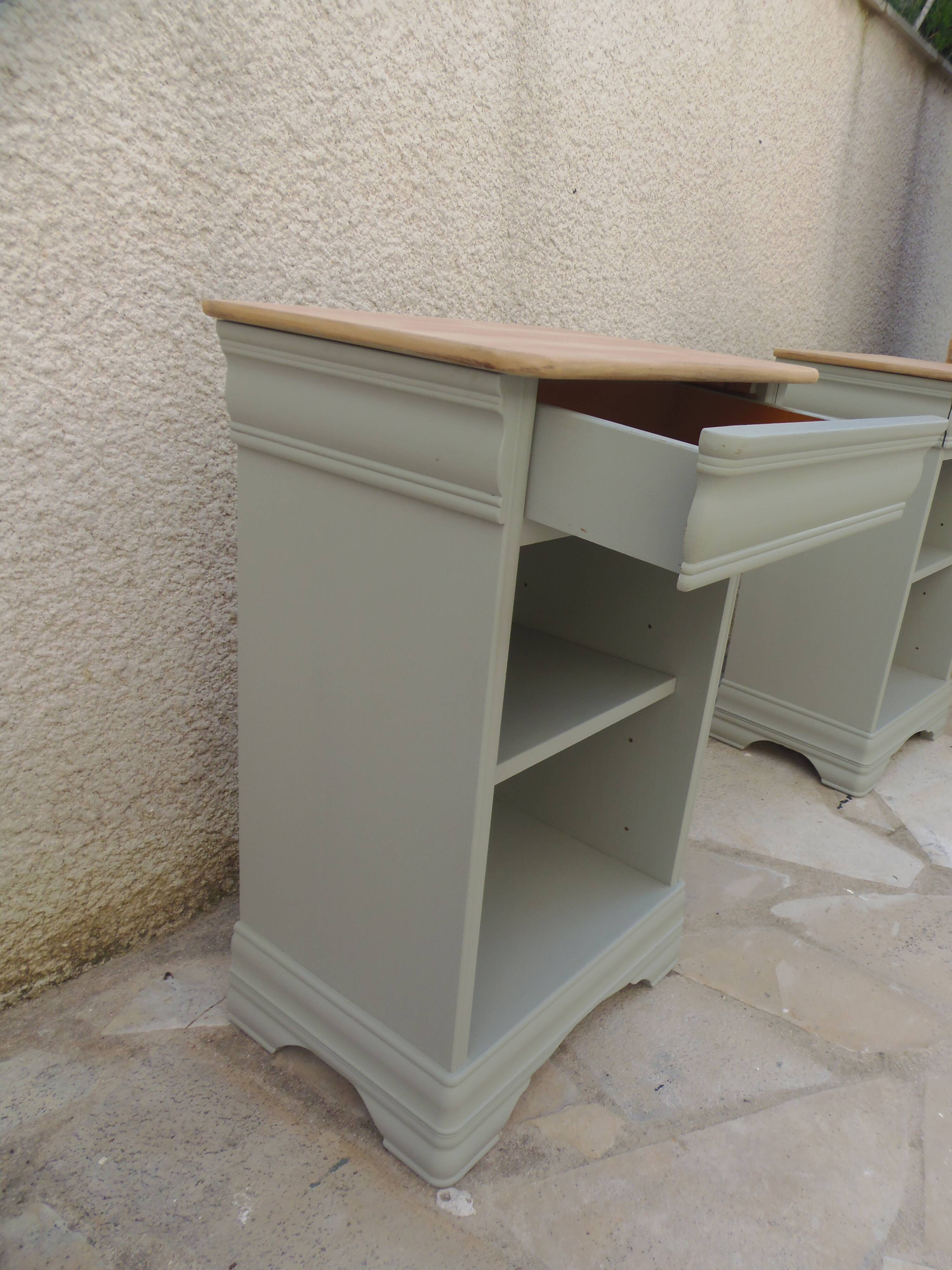 2 Louis Philippe style bedside tables reimagined in grey-green, wooden top.