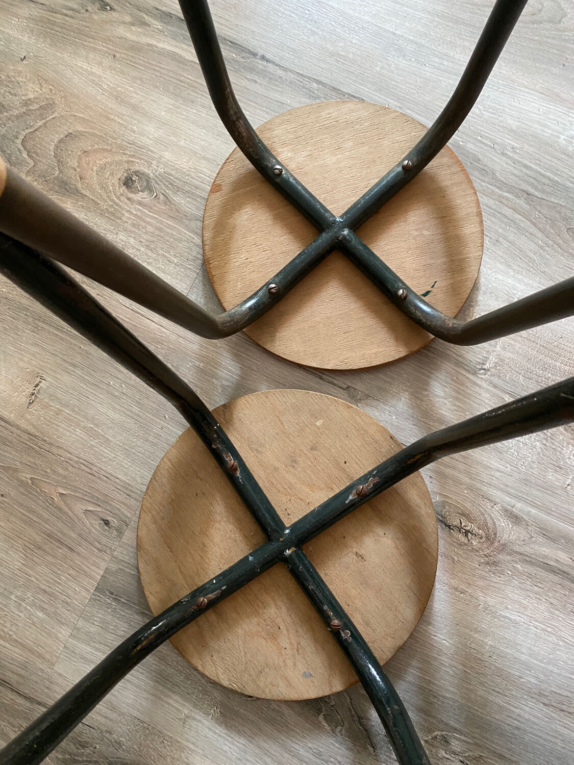 Pair of metal and wood workshop stools
