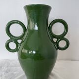 Handmade green ceramic amphora vase with large circular handles