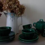 Iridescent green tea or coffee service in Lunéville K&G earthenware. 6 cups and an Art Deco sugar bowl