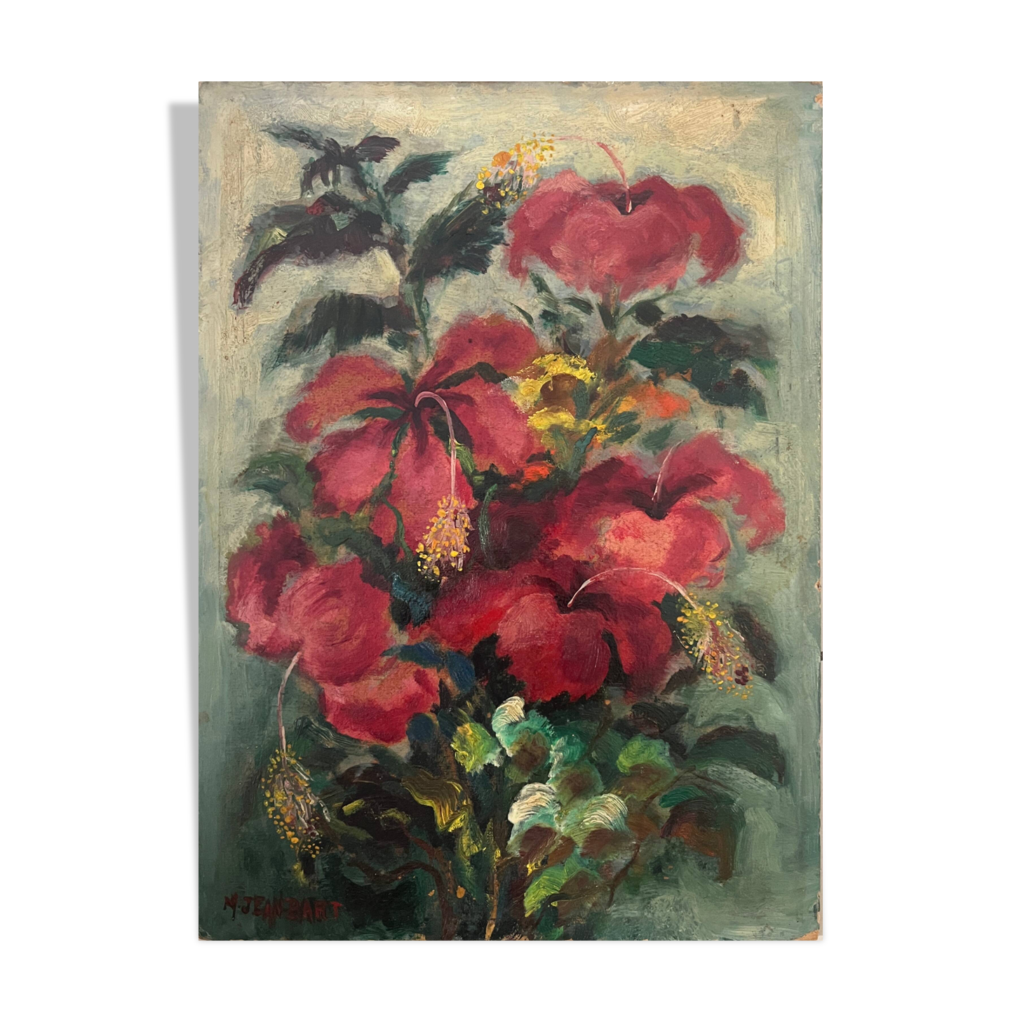 HSP painting "Bouquet of hibiscus" Flowers signed Jean Bart 1948