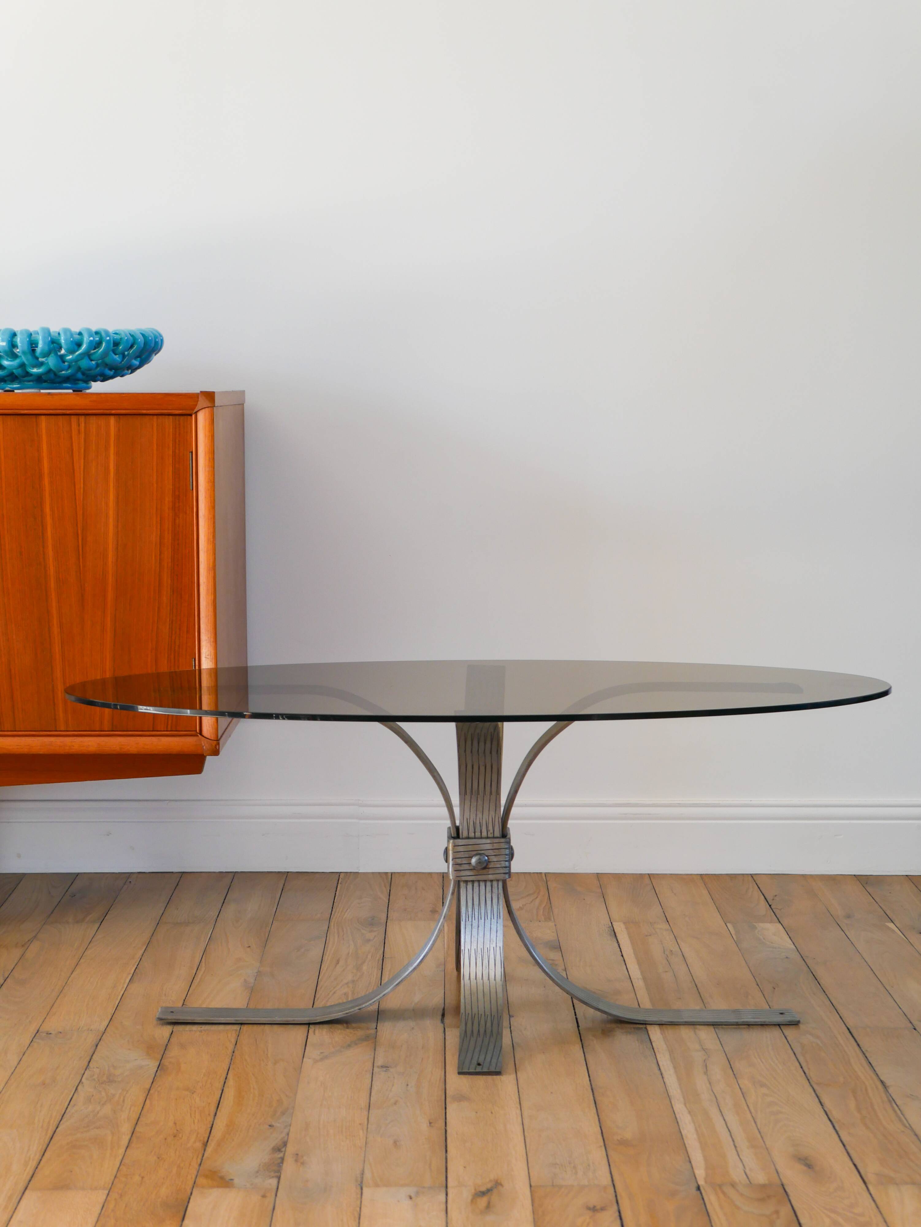 Oval coffee table in smoked glass and brushed steel, 1968
