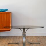 Oval coffee table in smoked glass and brushed steel, 1968