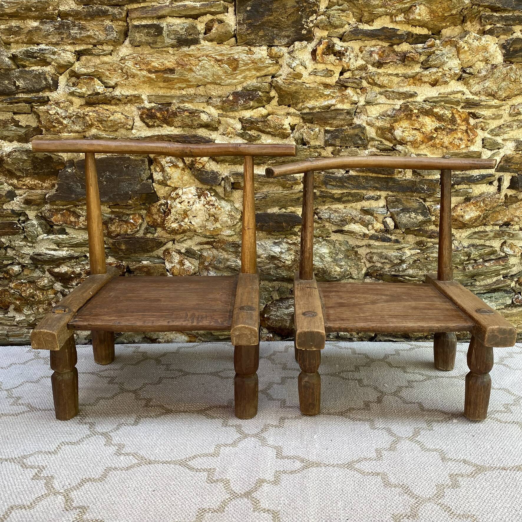 Ancient Baoulé African chairs in carved wood, Wabi-Sabi.