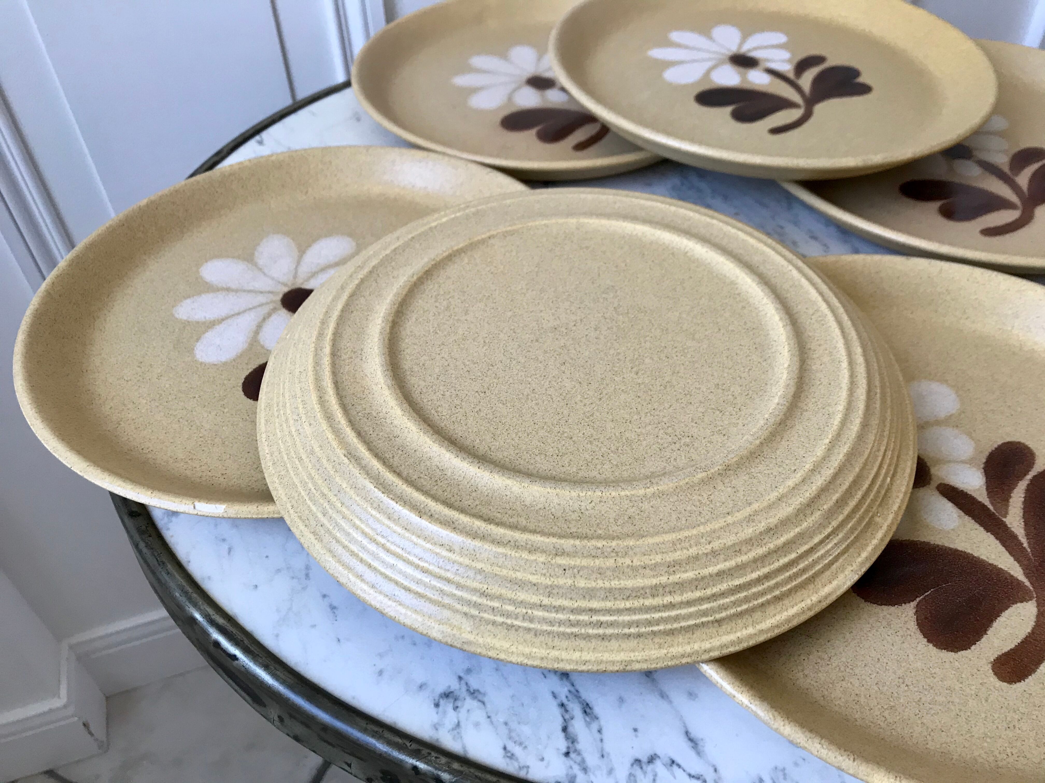 Set of 6 plates in sandstone flowers hand painted 70s