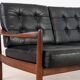Scandinavian Three-Seat Sofa in Solid Wood and Black Leather, 1960s