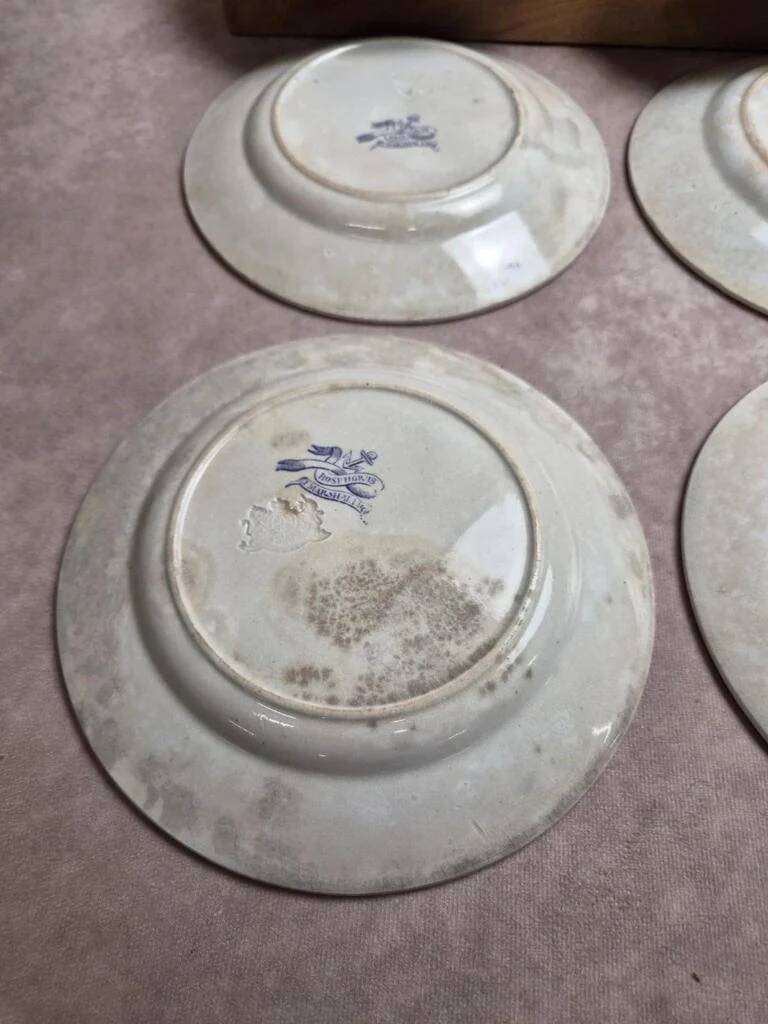 Set of 8 antique English dessert plates by J. Marshall & Co Bosphorus purple earthenware 19th century.