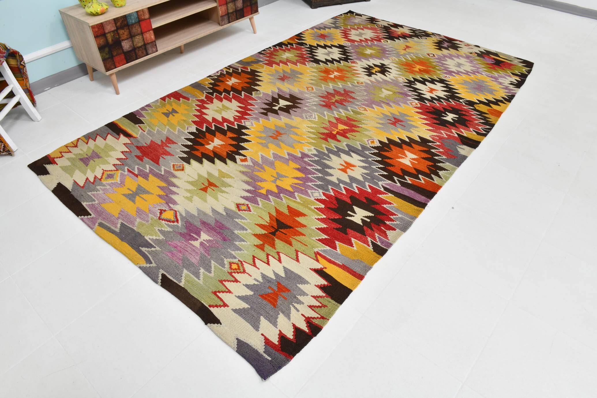 6x10 Tapis Kilim Turc Laine Fait Main, Style Bohème, Motifs Géométriques,