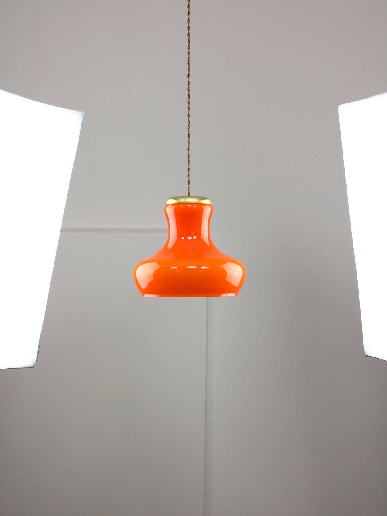 Mid-Century Modern Italian Orange Glass and Brass Pendant Lamp