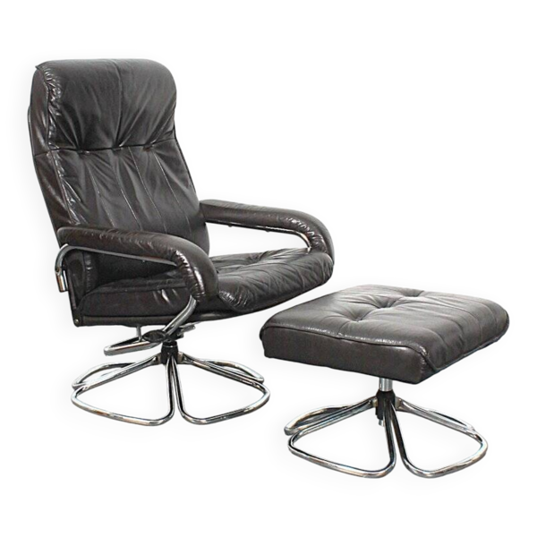 Unico 1970s Dark Brown Leather Lounge Chair and Ottoman Set of 2