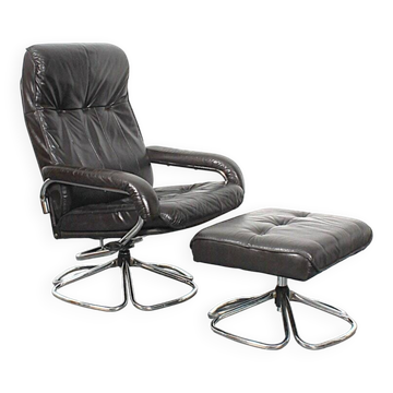 Unico 1970s Dark Brown Leather Lounge Chair and Ottoman Set of 2