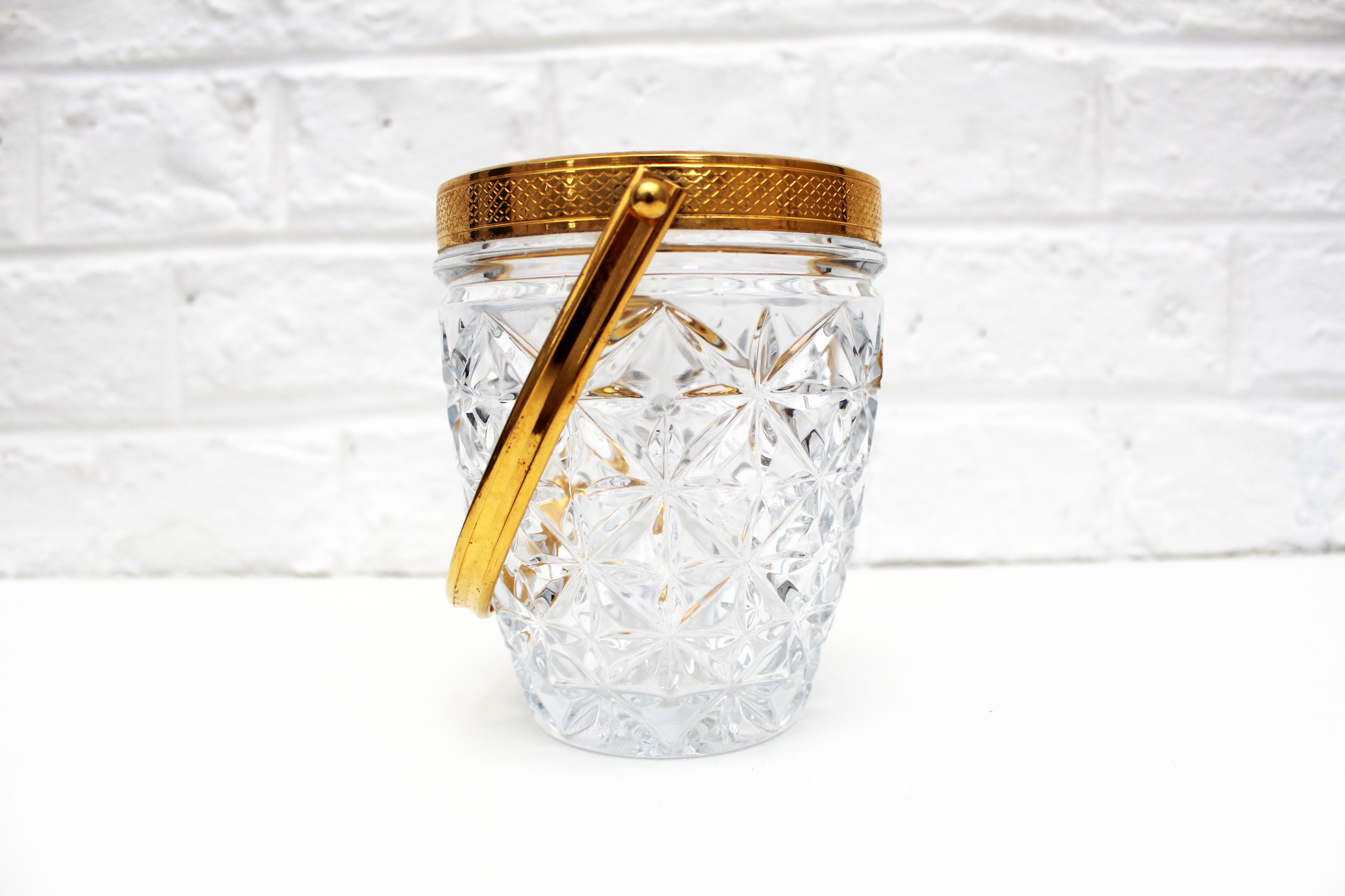 Vintage Glass Ice Bucket, ice cube bowl, gold metal rim