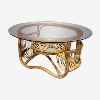 Vintage coffee table in rattan and smoked glass