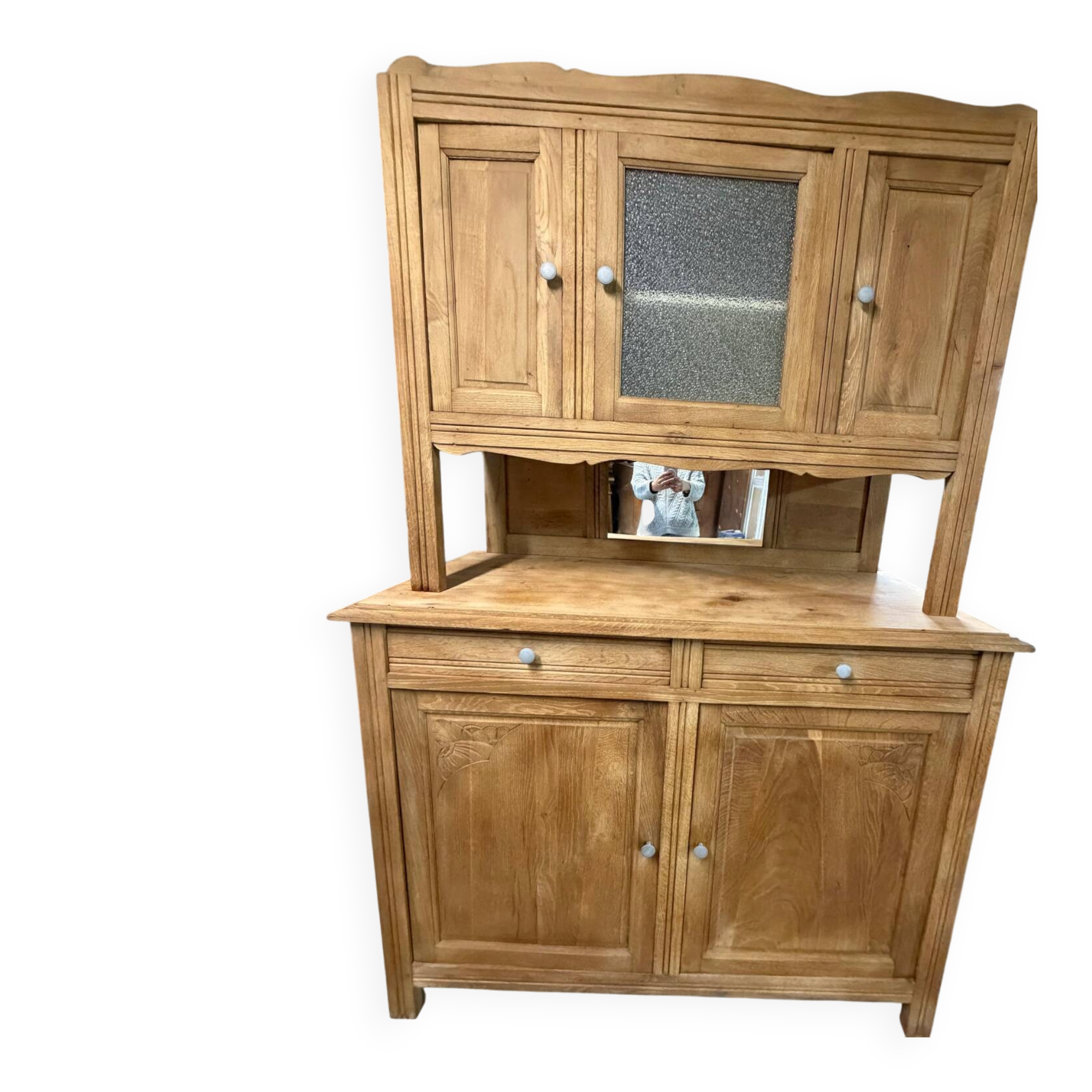 Renovated solid oak sideboard – vintage chic country buffet – glass display