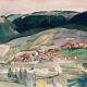 Large Watercolor Painting "Le Hameau" post-cubist landscape signed J. Ley 1943